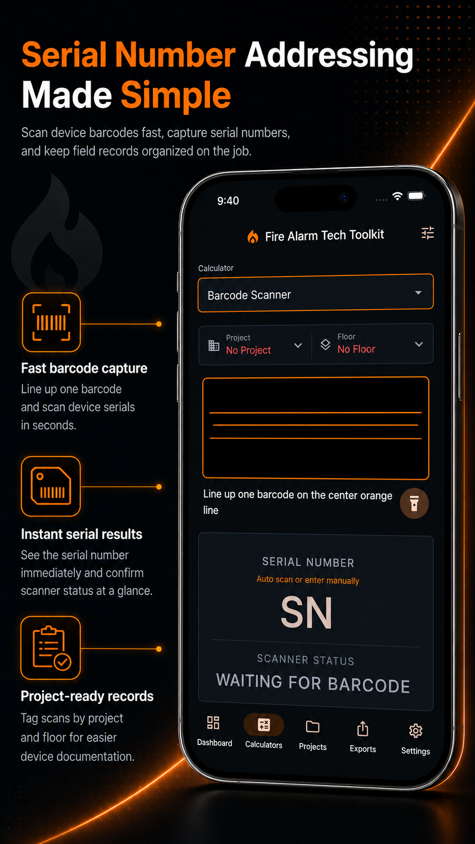 Barcode scanner screen for devices and fire extinguishers
