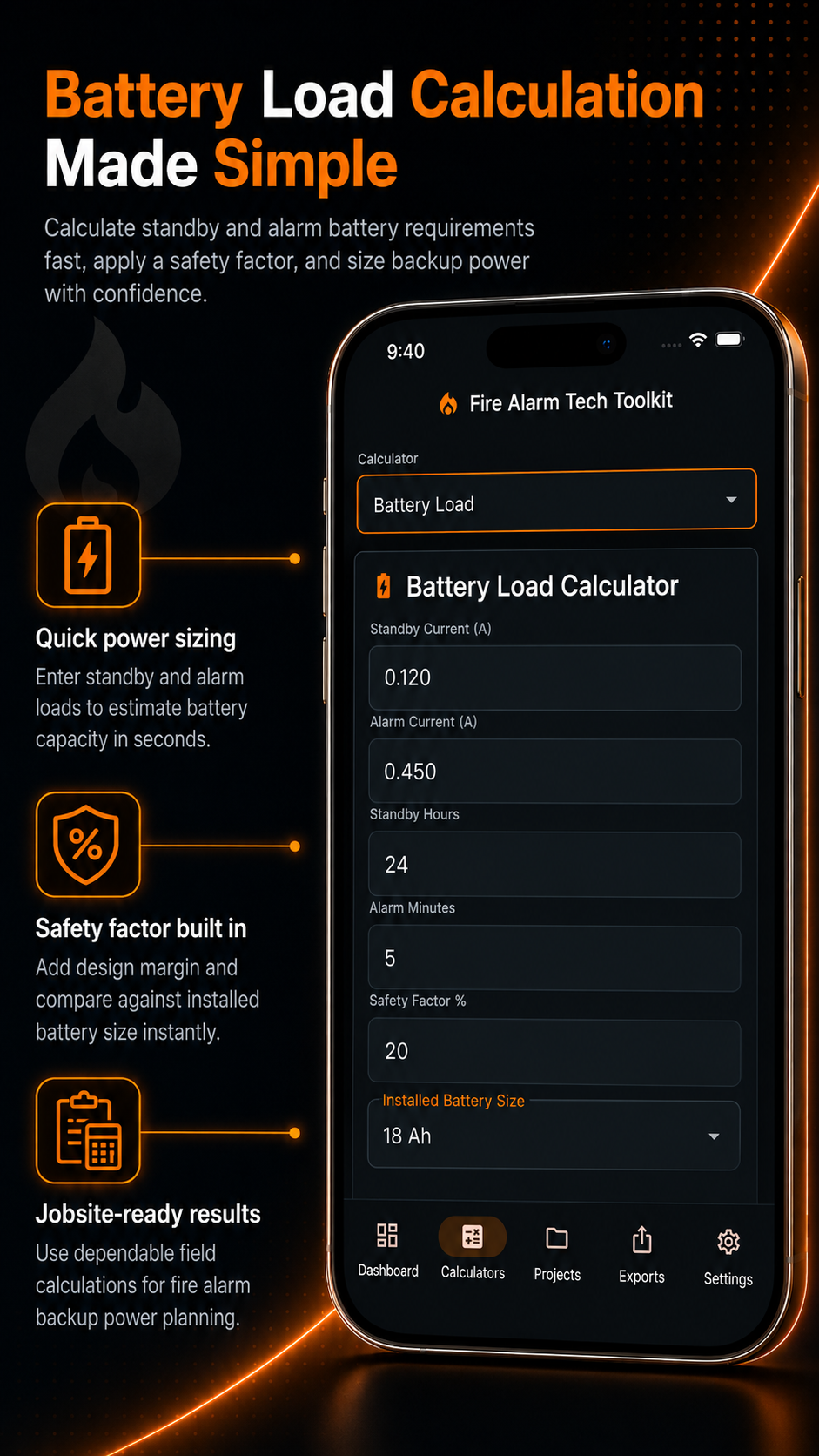 Battery load calculator screen