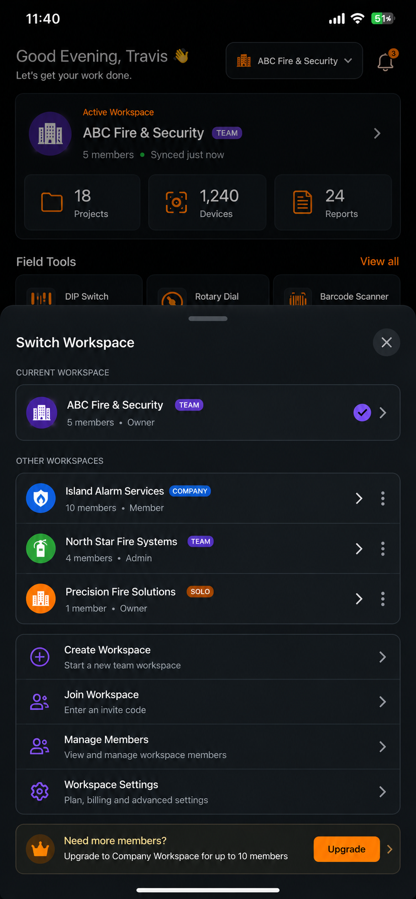 Workspace switcher showing team and company workspaces